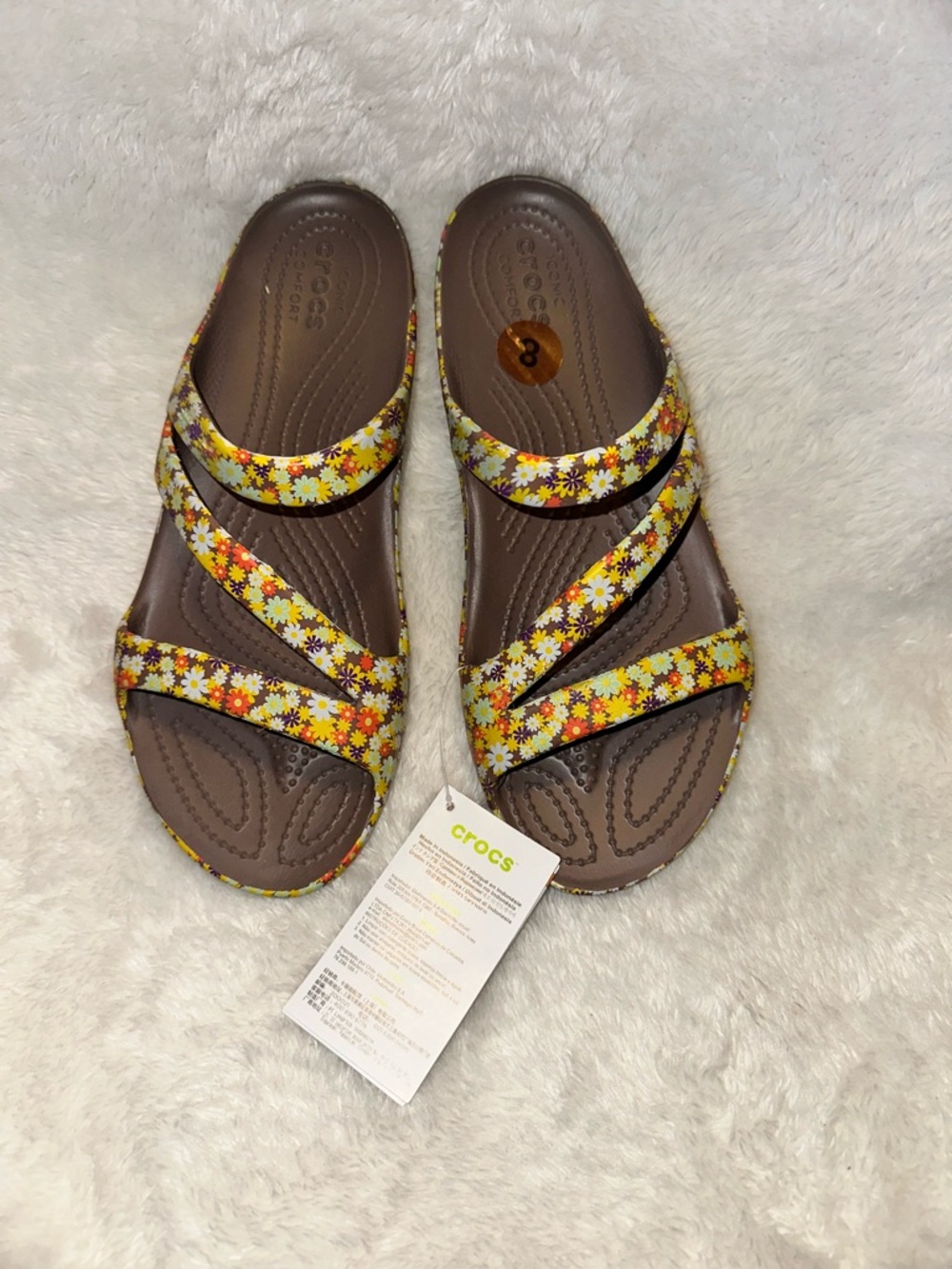 CROCS Women’s Brown Sandals with Yellow & White Floral Straps